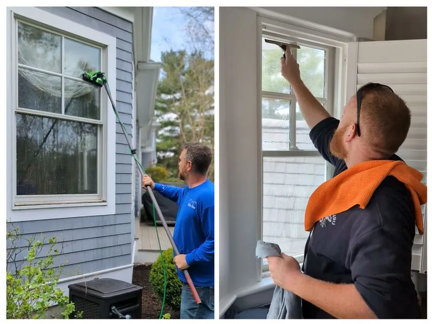 Friendly window cleaner brightening a neighborhood home